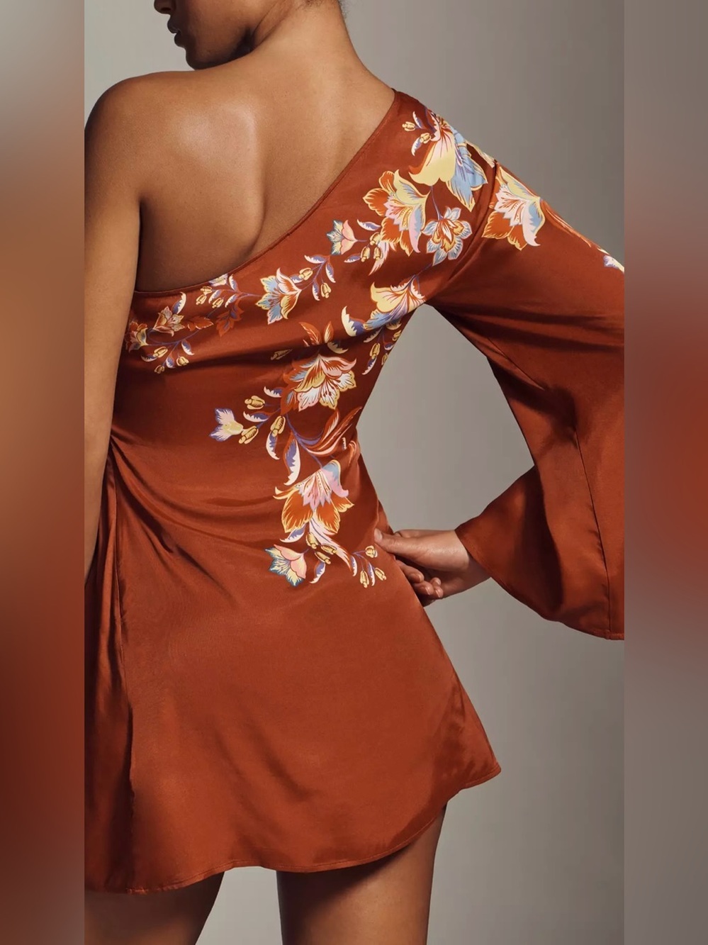 FARM Rio Rust Floral Patterned One Shoulder Bell Sleeve Mini Dress - Size XL - Picture 2 of 7